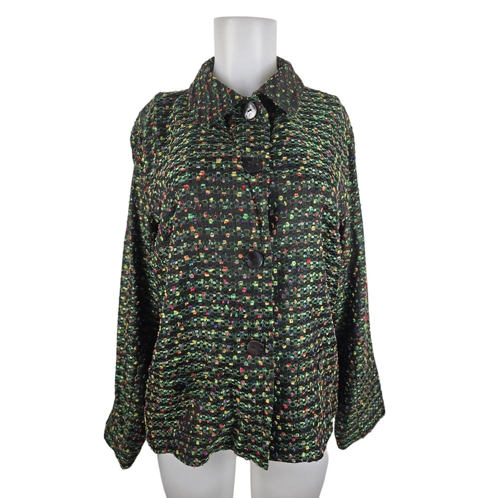 Chico's Green Multi Color Accents Button Up Front Pockets Women's Jacket 2/M